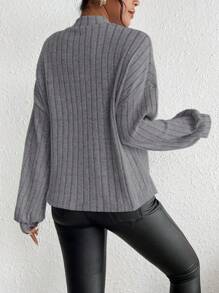 SHEIN Frenchy 女士休闲纯色立领落肩长袖 T 恤，秋冬季 - 灰色 - 查看 2