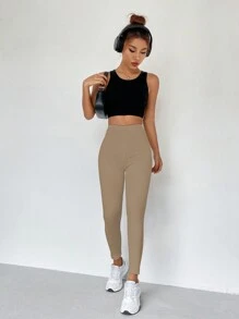Flirla Casual Solid Color High Waist Seamless Leggings