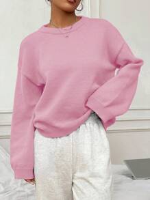 SHEIN Unity Women's Casual Minimalist Solid Color Drop Shoulder Loose Knit Sweater - Pink - View 1