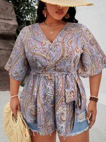 Breezaya Plus Paisley Print Belted Blouse