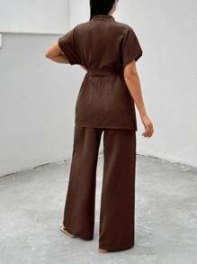 Women 2pcs Set Front Tie Short Sleeve Top And Pants, Casual Outfit - Brown - View 2