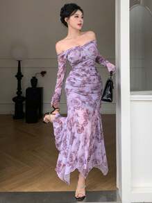 DAZY 网眼连衣裙全身花朵露肩扭纹女式中长连衣裙花卉、婚礼连衣裙、秋季连衣裙长袖连衣裙 - 紫色 - 查看 4