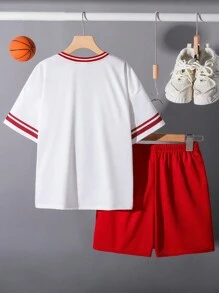 Tween Boy Casual Academy Style Comfortable & Fashionable Versatile Cute Soft Set - Colorblock V-Neck Short Sleeve T-Shirt & Shorts, Practical For Daily, School, Commute, Sports, Spring/Summer - Red - View 2
