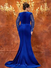 Glamrae Plus Size Elegant Blue Exaggerated Shoulder Pad Pearl Embellishment Long Sleeve High Waist Pleated Fishtail Hem Formal Evening Dress, Ball Gown Suitable For Wedding Guests, Graduation Ceremony, Dinner Party