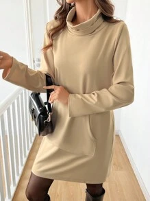 SHEIN LUNE Robe décontractée pour femmes à col roulé, manches longues, avec poches, de couleur unie - Kaki - Voir 3