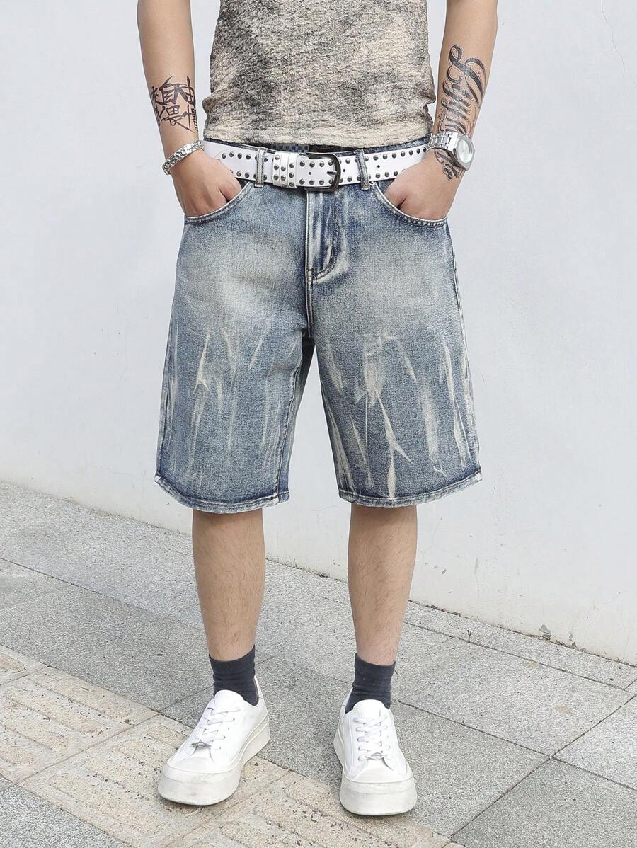 Manfinity Roghcode Quần short denim rách giặt thường ngày cho nam - Màu xanh lam - Xem 1