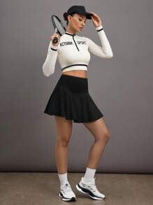 SHEIN Sports Contrast Color Trim Letter Embroidery Cropped Athletic T-Shirt - White - View 6