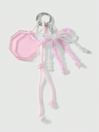 Kawaii 1 pièce Style coréen Mignon et élégant Perle blanche et boîte de rangement pour houppette rose en laine fait main Ouverture à 8 côtés Porte-clés Porte-breloque, Convient pour le port quotidien des femmes/filles et les cadeaux de vacances