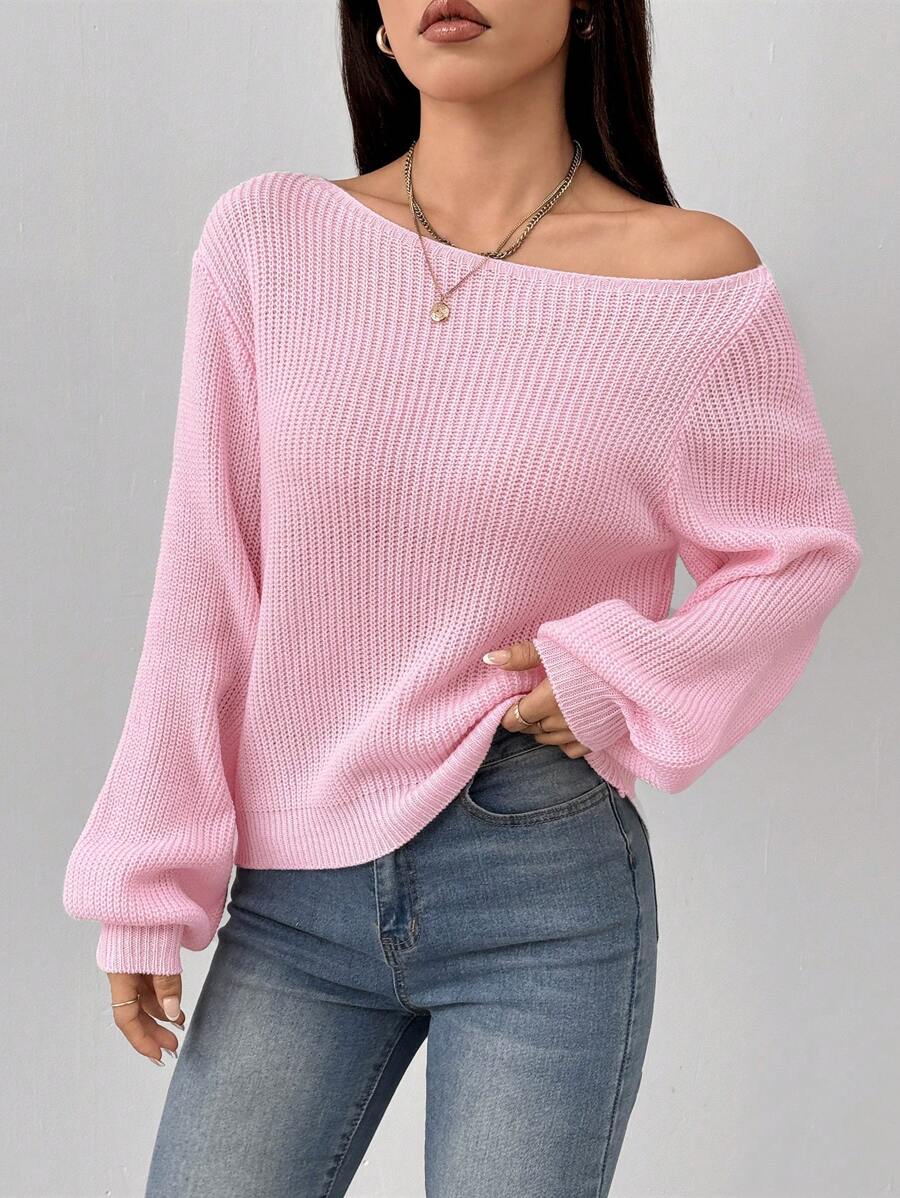SHEIN PETITE Pullover Slanted Shoulder Ribbed Women's Sweater - Pink - View 1
