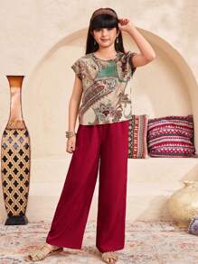 SHEIN Leap Crew Tween 女童休闲圆领印花短袖衬衫和直腿裤 2 件套 - 紅色 - 查看 7