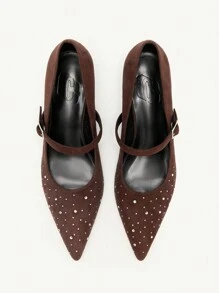 CUCCOO CHICEST Brown Pointed Toe Rhinestone Velvet Comfortable Versatile Strap Low Kitten Heel Flats