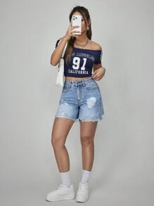 SHEIN PETITE 女式纽扣前口袋破洞休闲牛仔短裤 - 藍色 - 查看 3