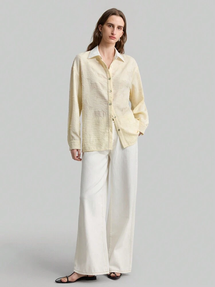 Women's Colorblock Jacquard Long Sleeve Blouse, Minimalist Loose Design, Elegant For Commuting And Everyday Wear, Retro Chic