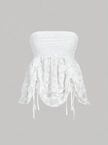 SHEIN MOD Atasan Tube Lace Wanita Warna Putih, Musim Panas, Elegan, Liburan, Tali Serut, Panjang yang Dapat Diatur, Atasan Imut untuk Liburan, Festival, Pantai, Ulang Tahun - Putih - View 1