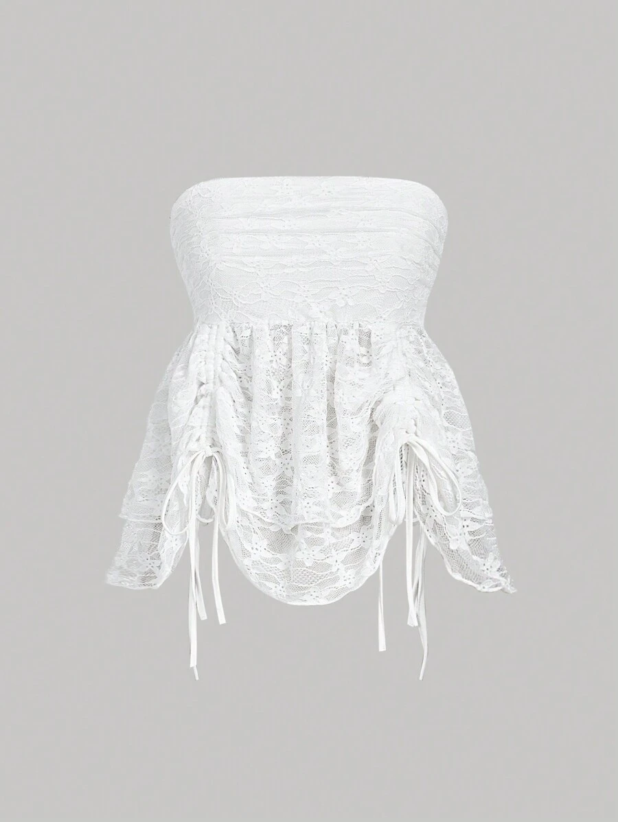 SHEIN MOD Atasan Tube Lace Wanita Warna Putih, Musim Panas, Elegan, Liburan, Tali Serut, Panjang yang Dapat Diatur, Atasan Imut untuk Liburan, Festival, Pantai, Ulang Tahun - Putih - View 1