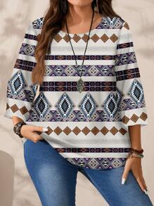 EMERY ROSE 大码女式休闲简约全印花圆领 3/4 袖衬衫，适合秋冬季