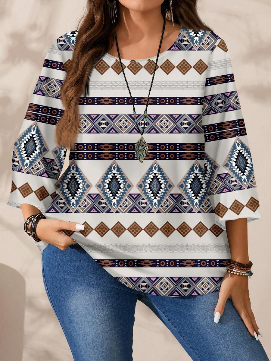 EMERY ROSE 大码女式休闲简约全印花圆领 3/4 袖衬衫，适合秋冬季