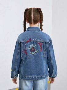 Tween Girl Y2K Style Washed Bold Rhinestone Embroidered Casual Denim Top, Versatile For Everyday Wear In Autumn/Winter - Medium Wash - View 2