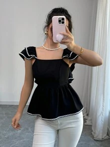 Elenzga 女士露背肩带撞色边饰休闲衬衫 - 黑色 - 查看 6