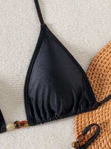 Swim Vcay Springbreak Solid Color Asymmetric Pearl Decor Halter Bikini 2pcs Set, Sexy Beach Vacation For Summer - Black - View 5