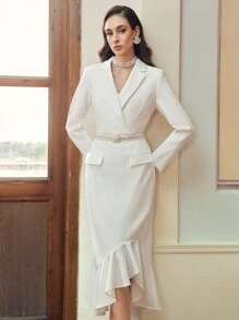 ZEYLAH WOMEN'S RUFFLE HEM LONG SLEEVE FITTED BLAZER DRESS - White - View 4