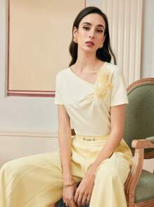 ZEYLAH WOMEN'S 3D FLOWER FOLD PLEATED T-SHIRT, SPRING SUMMER - Apricot - View 6