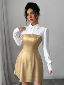 Elenzga Spring/Summer Fashion 2 In 1 Colorblock Shirt Dress, Suitable For Valentine's Day Fall Cloth For Women - Gold - View 6