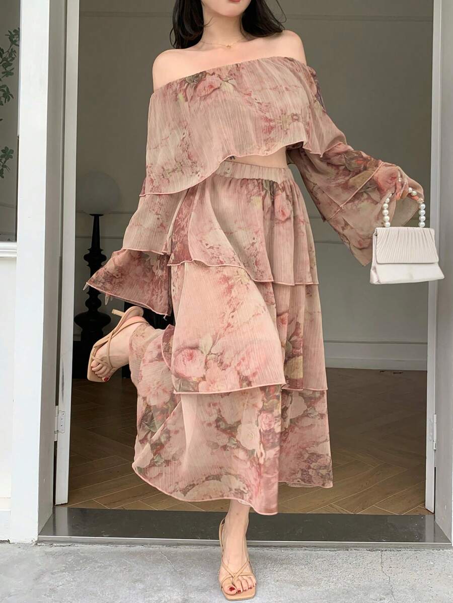 DAZY 2pcs Set Women Full Floral Off Shoulder Ruffle Shirt And Peplum Skirt,Fall Women Clothes