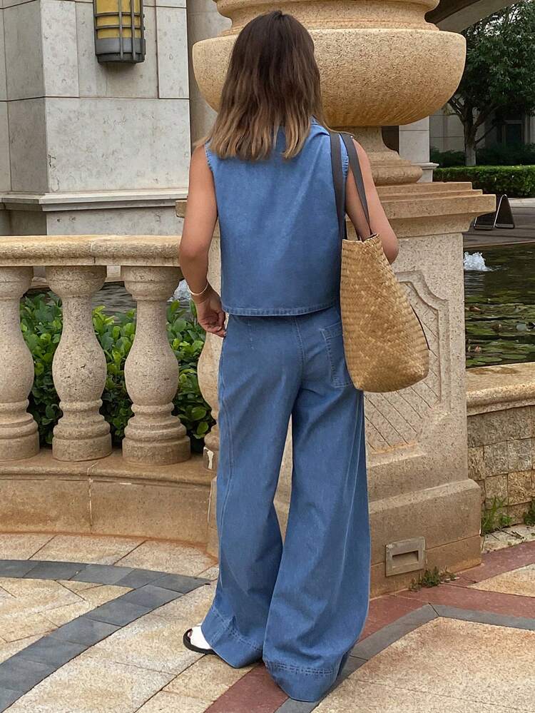 Western Style Women's Cowboy Clothing Washed Sleeveless Shirt Wide-Leg Pants Women's Denim Suit