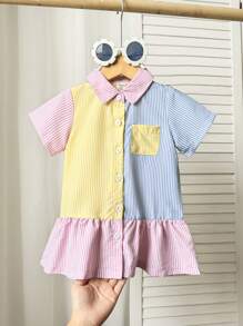 Souflis Souflis Vestido camisa de manga corta con parches y rayas para bebé niña de 0 a 3 años, de uso diario casual