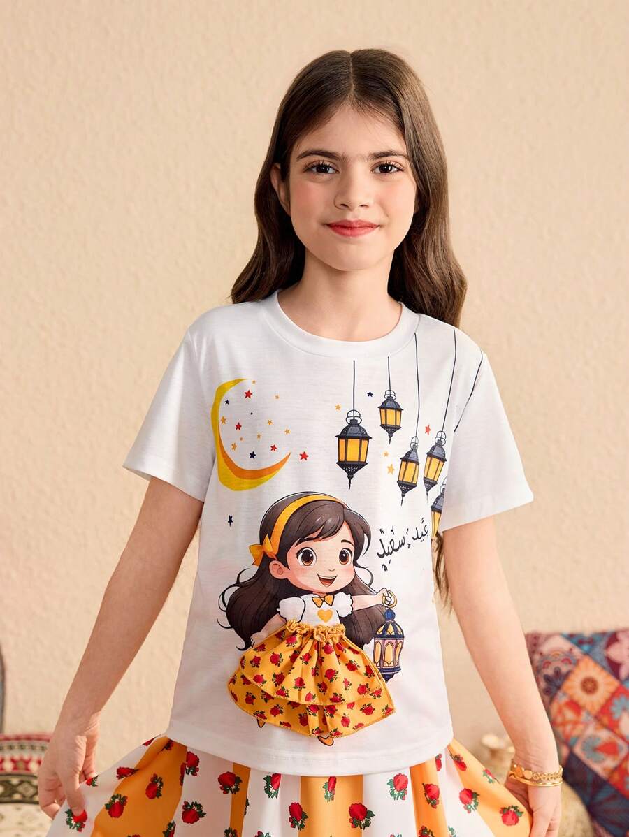 Tween Girl' 圆领短袖人物印花休闲 T 恤 - 白色 - 查看 1