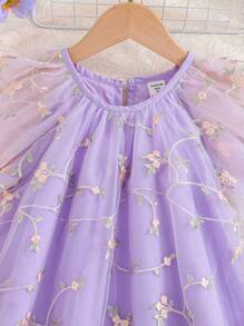 SHEIN Glamorique Kids Young Girl' Summer Double-Layer Mesh Embroidery Ruffle Cap Sleeve Princess Dress For Holiday & Party - Mauve Purple - View 3