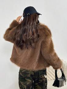 SHEIN EZwear Women Fluffy Coats - Brown - View 2