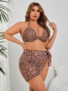 SHEIN Swim Curve Plus Size 3pcs/Set Women Leopard Print Mesh Sexy Halter Bikini Set With Mini Skirt, Fashion Swimwear Set For Beach Resort, For Summer Vacation - Multicolor - View 5