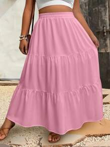 EMERY ROSE Plus Size Casual Solid Color Skirt Maxi Women Pink Skirt Fall Cloth For Women - Pink - View 6
