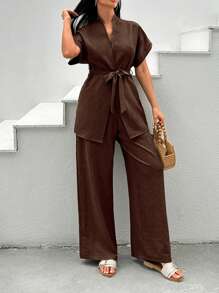 Women 2pcs Set Front Tie Short Sleeve Top And Pants, Casual Outfit - Brown - View 5