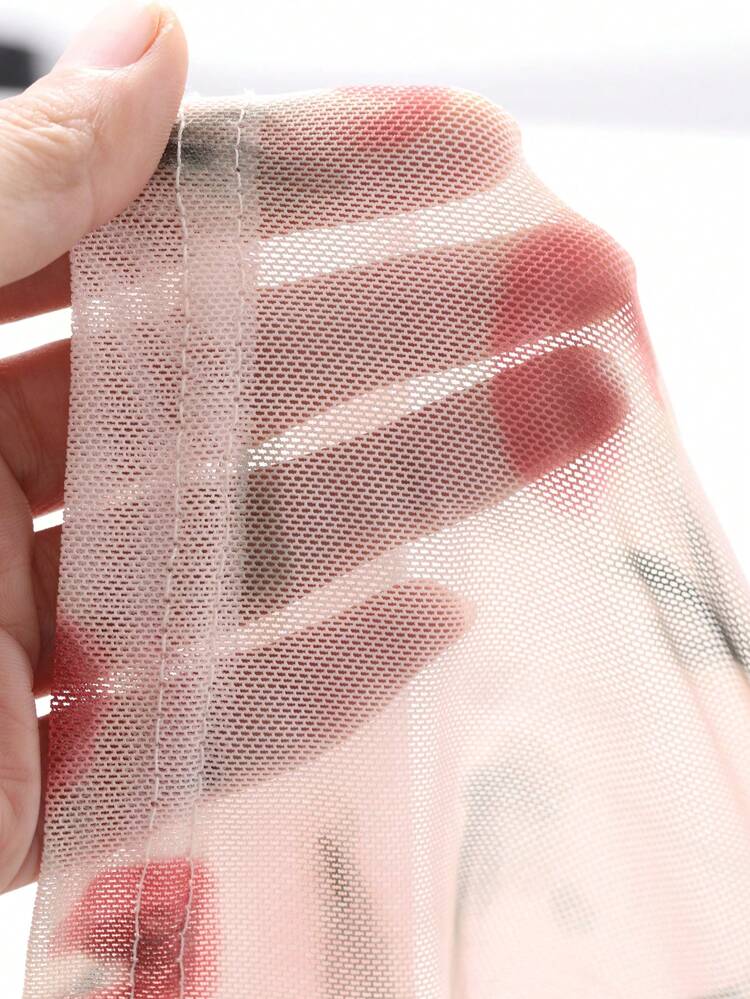 Encore Red Full Print Floral Pattern Backless Drawstring Tie Contrast Color Splicing Mesh Long Sleeve Blouse For Women,Fall Women Clothes Easter