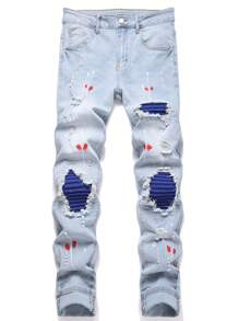 Manfinity LEGND Men's Button Pocket Distressed Embroidery Casual Denim Jeans - Light Wash - View 1