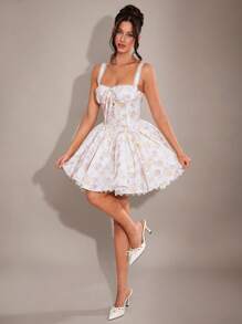 SHEIN BAE Women's Elegant Solid Black Short Sleeve Zippered Fitted Dress With Pleated, Simple And Sweet Style - White - View 6