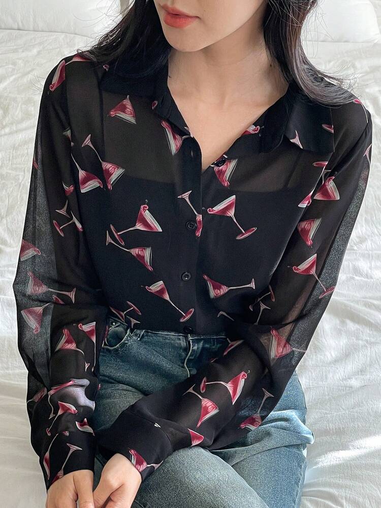 Elegant Sheer Collar Loose Casual Women Blouse,Fall Women Clothes Long Sleeve Top