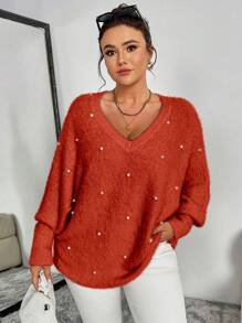 SHEIN Unity Plus Size Women Batwing Sleeve Beaded Loose Casual Pullover Knit Sweater, Autumn/Winter Knit Pullover Fall