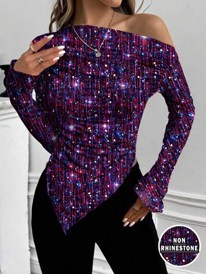 Glamance ORANGE STUDIO 女士多色T恤长袖露肩派对全身印花，纯色夏季女装图案T恤，适合女士外出