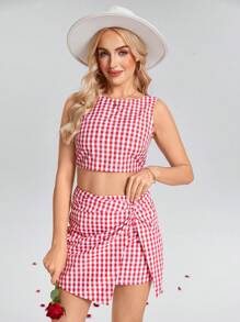 SHEIN LUNE Set de 2 piezas para mujer con top camisola con lazo a cuadros rojos y blancos y falda mini con bajo retorcido, para el Día de San Valentín, conjunto de verano de dos piezas