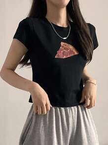 DAZY Camiseta casual de mujer de cuello redondo, manga corta, con estampado, camiseta gráfica de uso diario, top corto para mujer