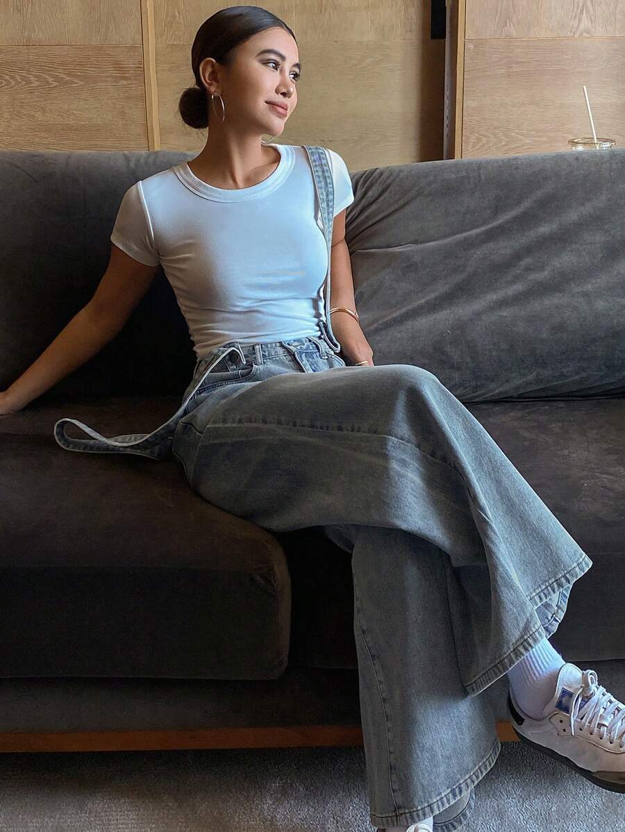 DAZY 1pc Women Vintage Washed Loose Denim Overalls/Jumpsuits - Blue - View 1