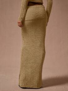 MUSERA 翻折腰针织长款毛衣裙 Y2K 休闲可爱 90 年代阳光风 - 杏色 - 查看 4