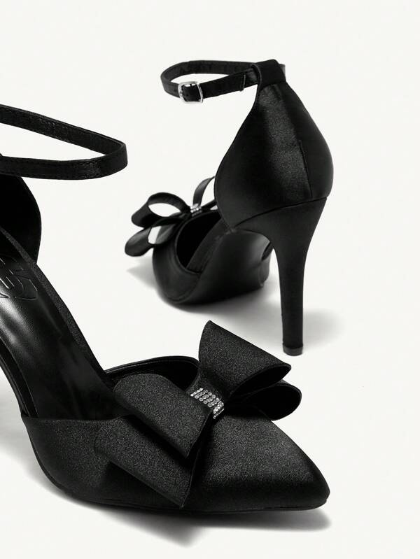 CUCCOO CHICEST Chaussures à talons hauts à bout pointu pour femmes, sandales à nœud en cristal noir sans dos, talons hauts élégants pour tenue de printemps décontractée, trajet et mariage