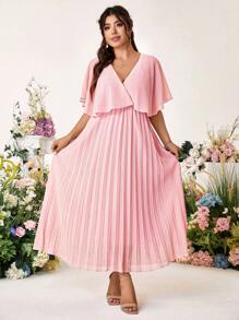 Cravure 大码女式优雅纯色雪纺褶腰 A 字中长连衣裙婚礼当天婚礼宾客婚礼 - 粉色 - 查看 4