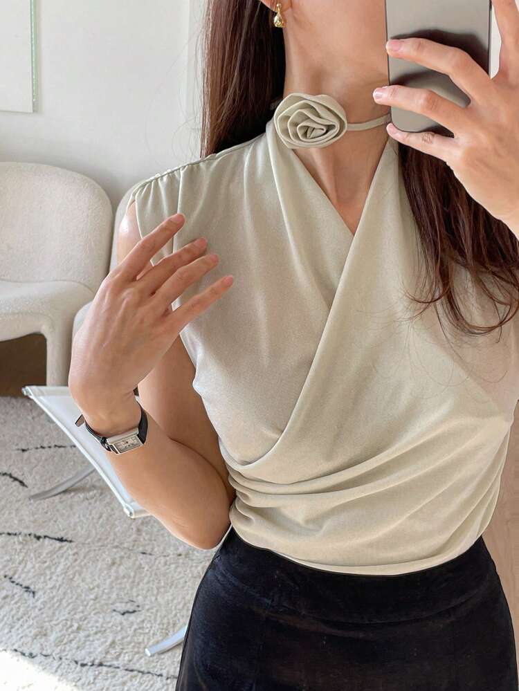 V-Neck Bowknot Tie Sleeveless Women Blouse