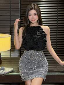 DAZY 女士时尚高腰亮片派对裙 - 銀色 - 查看 4